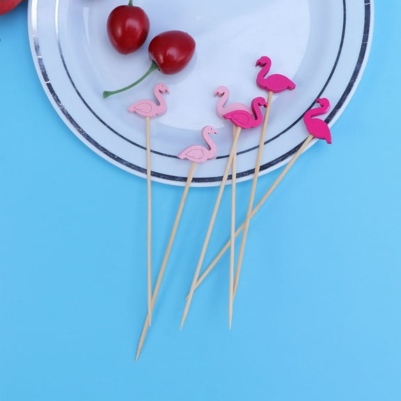 GOOHOCHY Pink Flamingo Decorate Food Picks for Cocktail Party Supplies Disposable Wood Toothpicks 100pcs