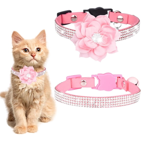 2 Pack Cat Collars, Flower Rhinestone Cat Collar with Bell, Bling Crystal Kitten Collars, Breakaway Cat Collars, Adjustable Extra Small Dog Collar for Kitten Puppy Boys Girls