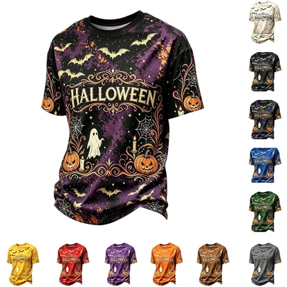 YNGKMEA Mens Halloween Shirts Casual Novelty Graphic Tshirts Spooky Pumpkin Skeleton Costume for Adults Crew Neck Short Sleeve Tops