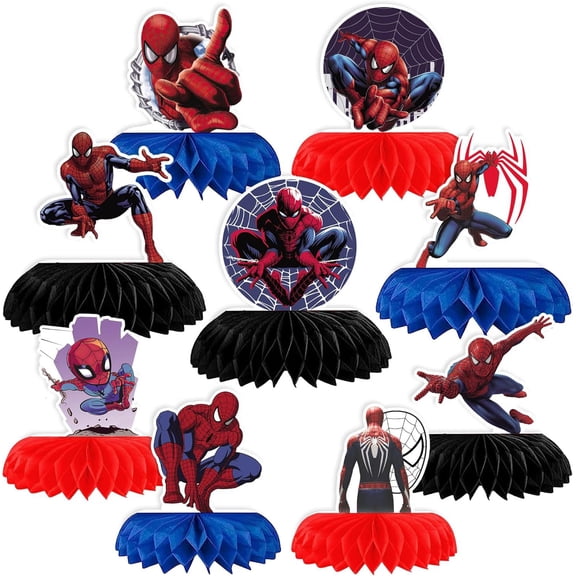 9Pcs Spidey Party Supplies Set Honeycomb Centerpieces Double Sided Table Topper for Birthday Decorations