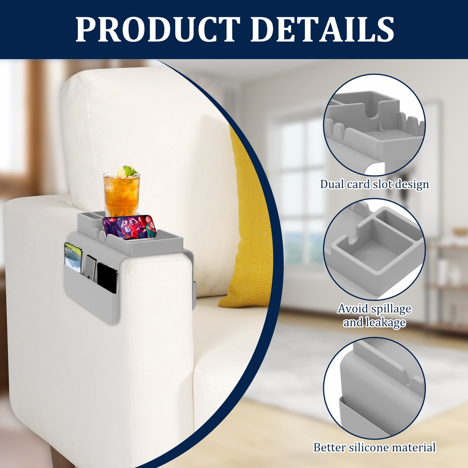 NUAHRHY Couch Cup Holder, Couch Arm Tray, Silicone Sofa Armrest Tray with Dual Side Pocket, Anti-Spill Chair Recliner Organizer for Cellphone Remote Control Snacks iPad