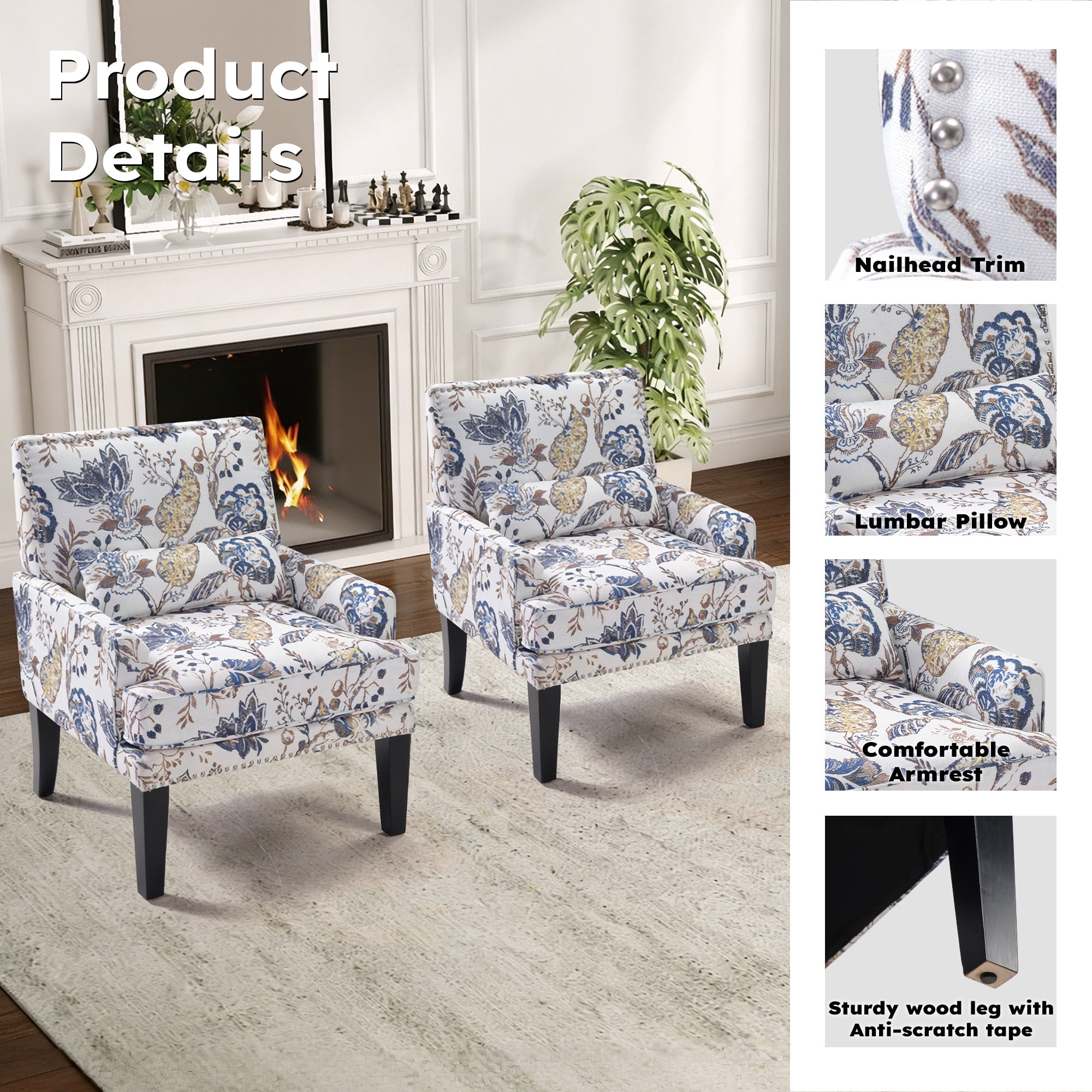 Bonzy Home Modern Floral Print Accent Chair with Arms and Wooden Legs, 2-Pack Mid‑Century High‑Back Wing Chair with Padded Armrests & Cushioned Seat for Living Room, Blue Yellow Floral