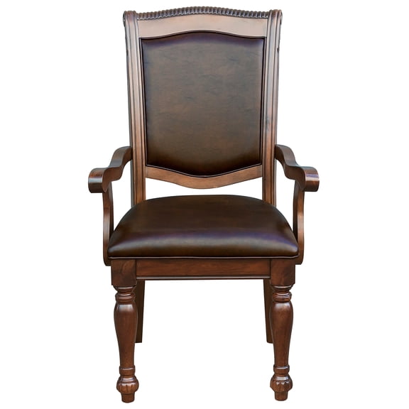 Traditional Brown Cherry Finish Upholstered Dining Armchairs, Set of 2, Wooden Frame with Faux Leather Seats