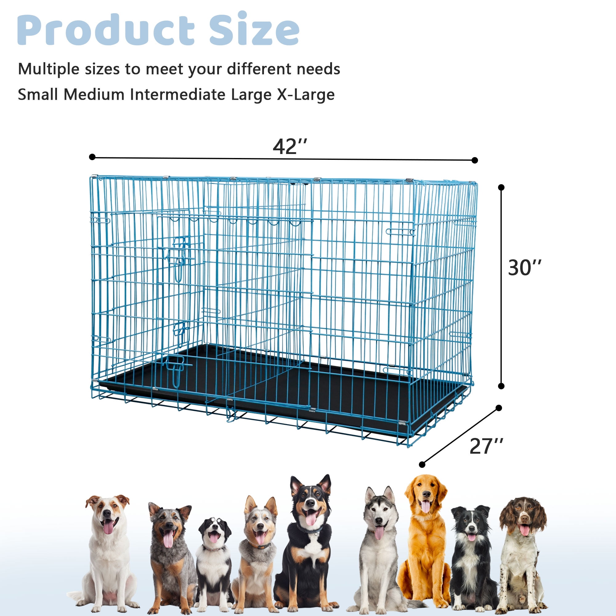 YRLLENSDAN 42 inch Foldable Large Dog Crate for Large Dogs, Metal Wire Dog Cage with Plastic Tray and Handle Double-Door Outdoor Dog Crates and Kennels for Medium Dogs, Blue