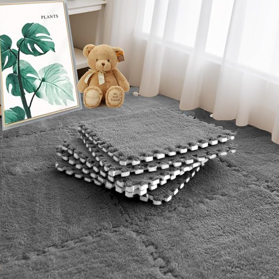 16pcs 0.6" Thickened Interlocking Tile Mats,Fluffy Shaggy Soft EVA Foam Area Rug for Living Room & Bedroom,Non-Slip Protective Floor Carpet Play Mat Kids Baby Dorm Home Decor (11.8ft, Grey)