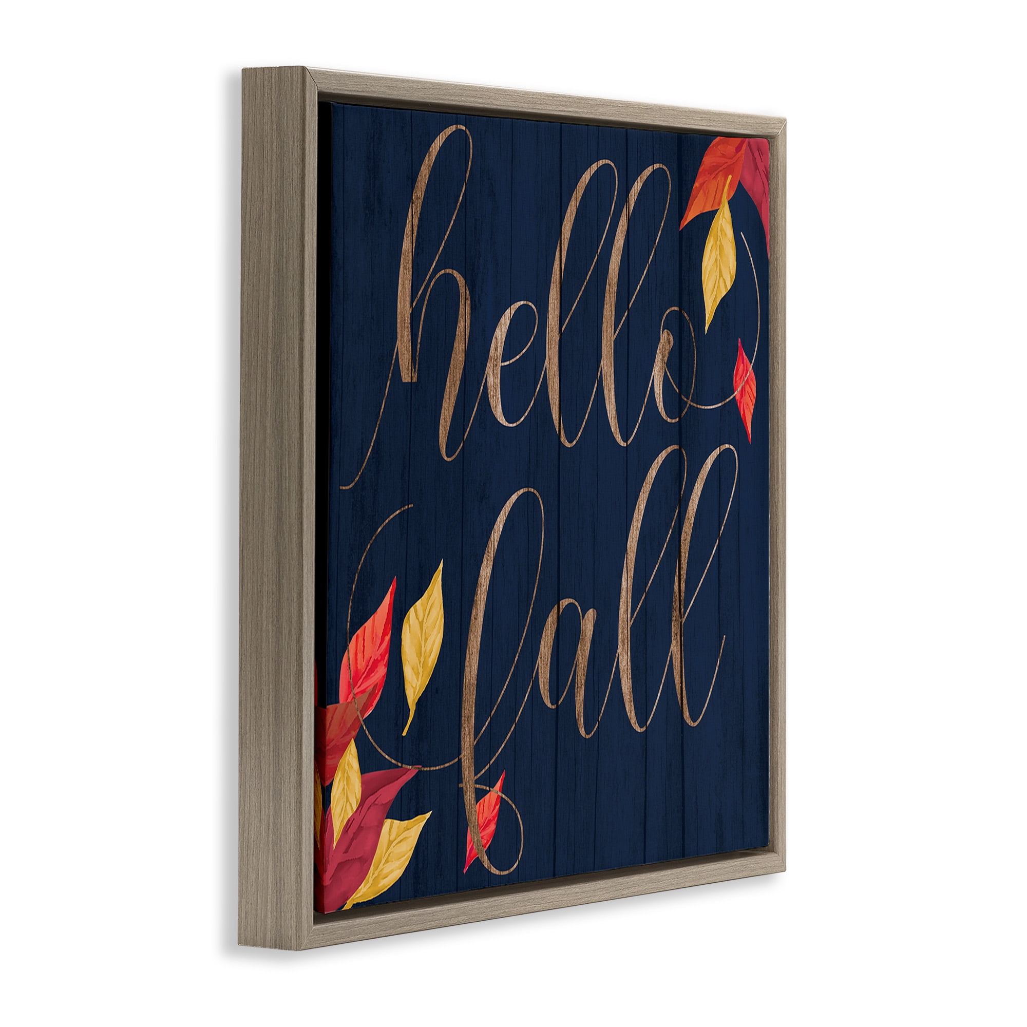 Stupell Industries Hello Fall with Autumn Foliage Inspirational Painting Brown Floater Framed Canvas Art Print Wall Art, 25 x 25