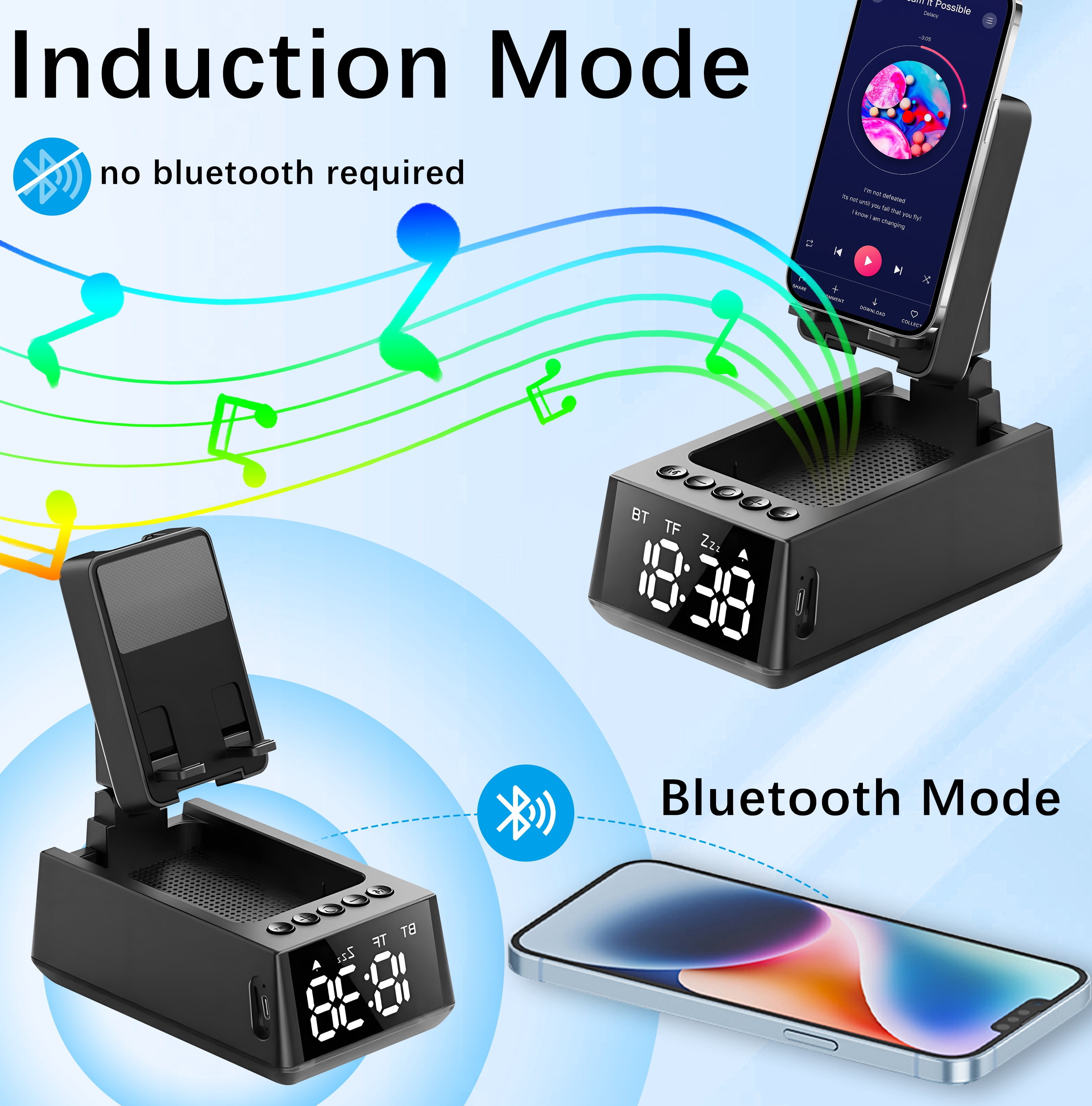 Wireless Induction Speaker Bluetooth Speaker Phone Stand with Auto-Sync Alarm Clock, HD Display & Adjustable Holder, Unique Gifts for Men Women, Dad Mom