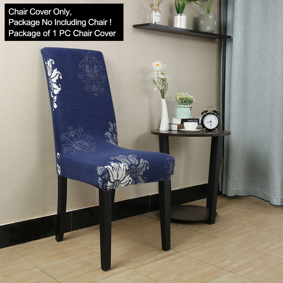 Unique Bargains Stretch Floral Print Dining Chair Cover Navy Blue and White M