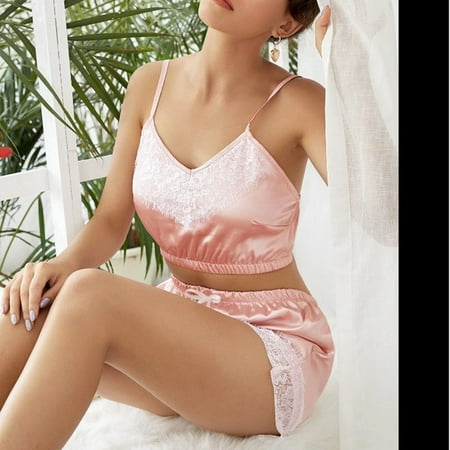 

B91xZ Lingerie For Women Lace V-Neck Pajamas Sexy Ladies Set Lashes Satin Underwear Stitching Push up Bras for Women Pink L