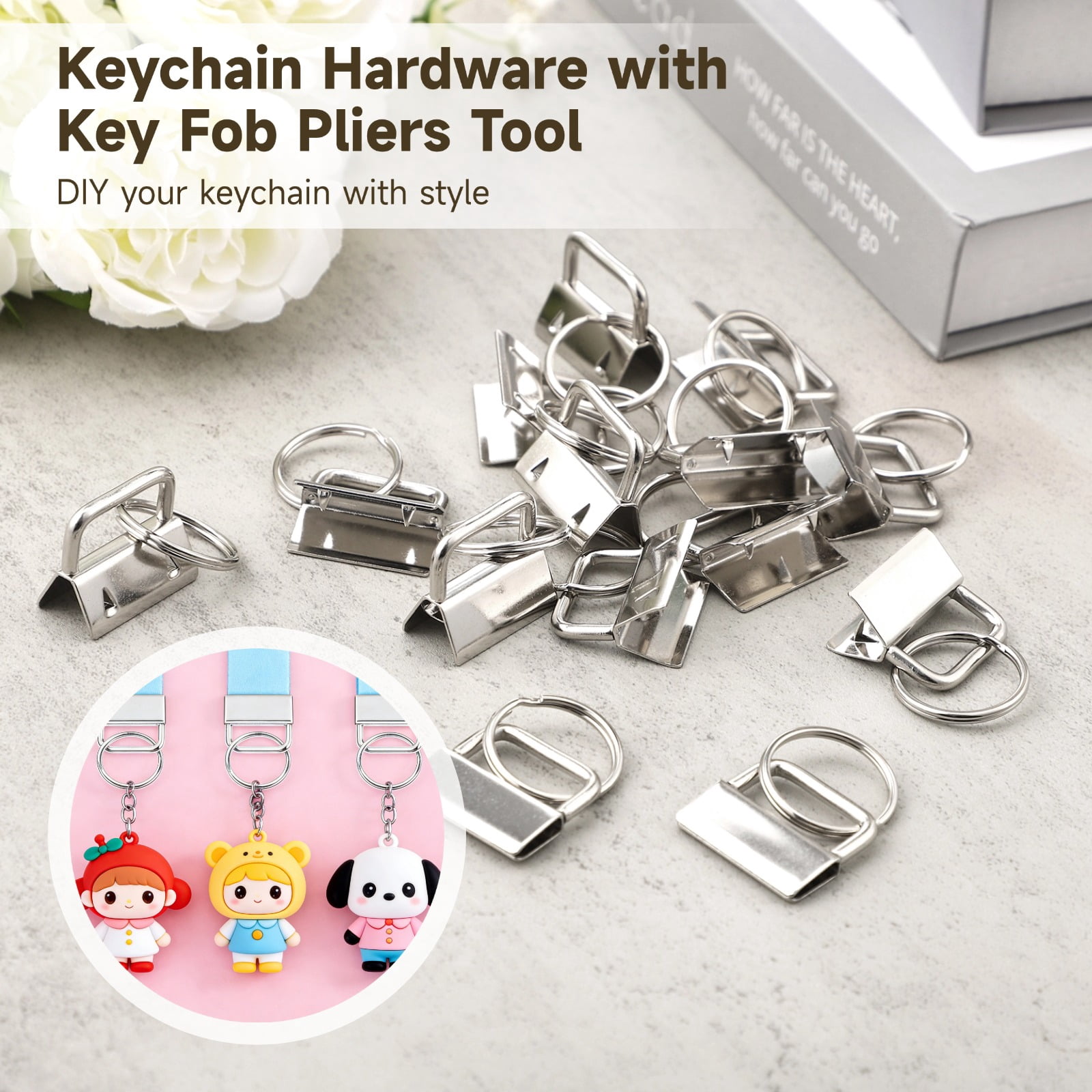 61 Pcs Keychain Hardware Set with Key Fob Pliers Tool, Includes 60 Metal Key Fob Clips with Attached Key Rings, Heavy Duty Wristlet Making Supplies for Wristlet, Lanyard, Chain