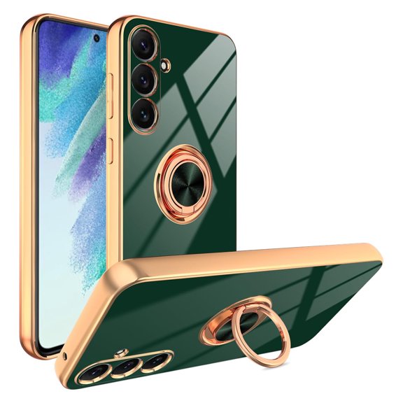 ELEHOLD for Samsung Galaxy A17 5G Slim Case Electroplating Frame Design Metal Ring Holder Stand Function Shockproof Lightweight Cover, Darkgreen