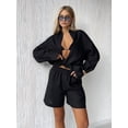 thumbnail image 5 of Women'S Cotton Cardigan Long Sleeve Top and Shorts Set Minimalist Solid Color Loungewear Outfit Black S, 5 of 9