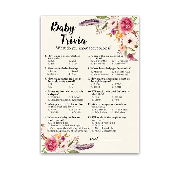 BOHEMIAN Baby Shower Game - BOHO BABY TRIVIA Game - Pack of 25 - Fun Baby Facts Game, GIRL Baby Shower Game, Bohemian Pink Floral Baby Shower Activity, Trivia Girl Baby Shower Game, SKU