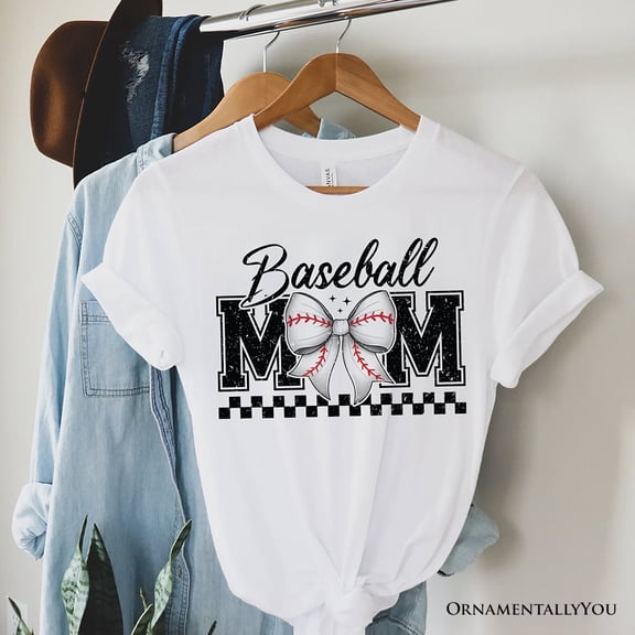 Baseball Mom Coquette Bow Retro T-Shirt, Stylish Game Day White Tee for Trendy and Proud Sports Mothers
