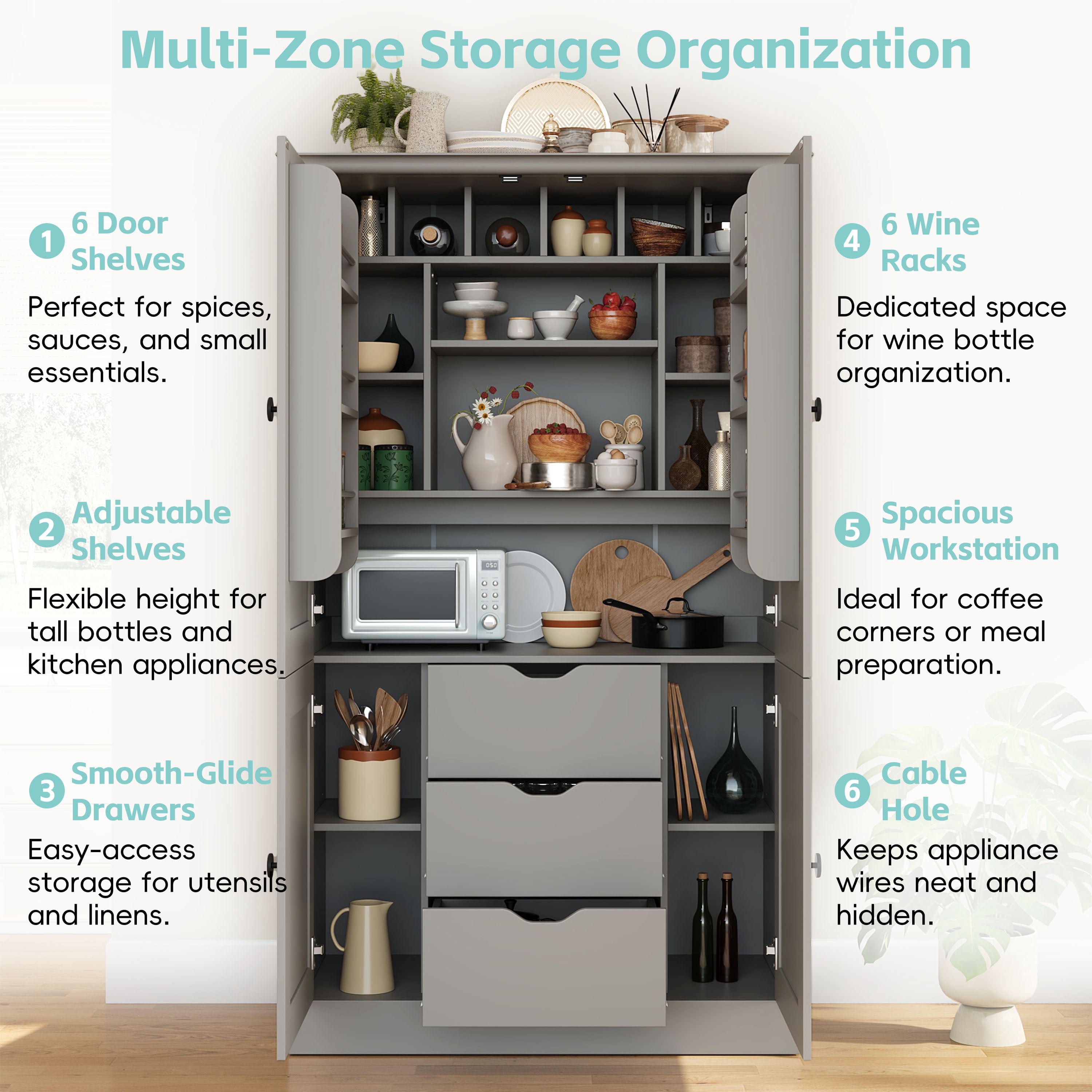 Euroco 70.9" Kitchen Pantry Cabinet with 3 Drawers, Farmhouse Tall Storage Cabinet with 6 Door Shelves, Removable Shelves and 6 Wine Racks,Freestanding Cupboard for Dining Room,Grey
