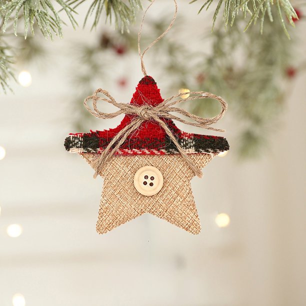 Adornos navideños de lino hechos a mano | Colgantes festivos con formas festivas | Decoración de tela a cuadros rojos con botones | Conjunto de diseños variados para decoración navideña