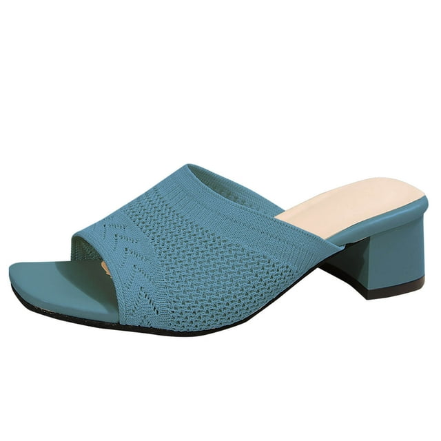 RXMEKW Knit Mule Slippers For Women With Block Heel Open Toe For Casual Wear Black Blue Beige