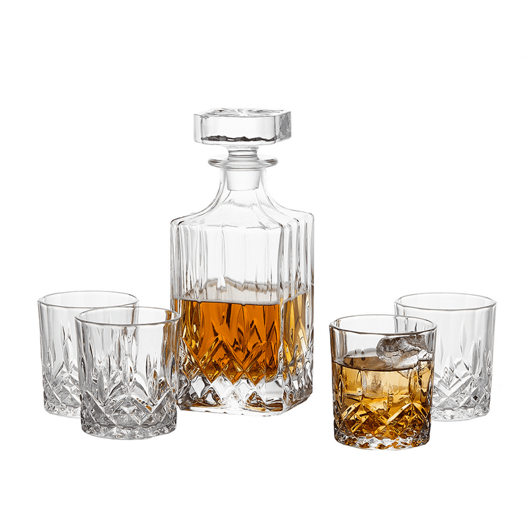 GoodGlassware Whiskey Decanter and Glasses (5 Piece Set) – Elegant Liquor Carafe with Ornate Solid Glass Stopper and 4 Matching Whisky Tumblers - Lead