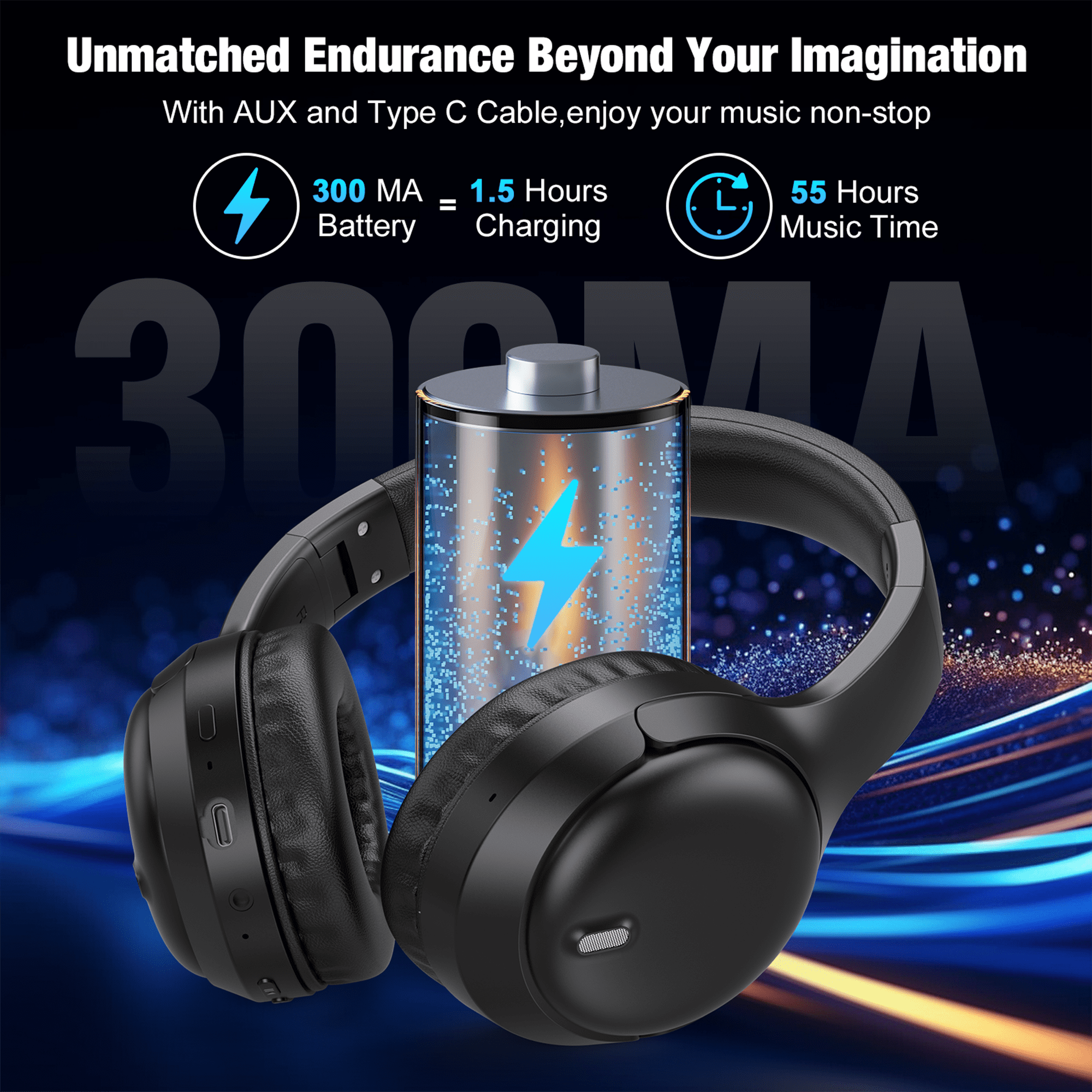 Headphones, AUOSHI Active Noise Cancelling Headphones, 55H Playtime, Over Ear Wireless Bluetooth5.3 Headphones with Mic, Blocks Engine Noise, Black
