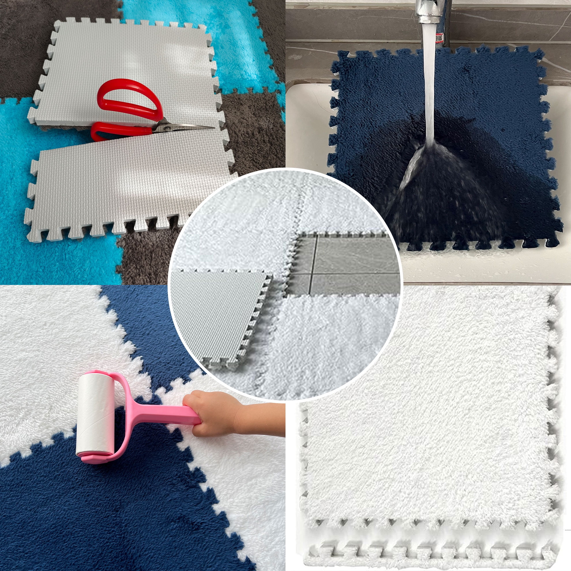 Interlocking Carpet Shaggy Soft EVA Foam Mats Fluffy Square Thickened Plush Tiles Protective Floor Tiles Exercise Play Mat for Children Kids Room Home Parlor Bedroom (White, 12 Pcs)