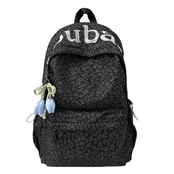 HUISZJ Large Capacity School Backpack, Portable School Bag with Pendant, Floral Print Laptop Backpack for Students College Travel, Black