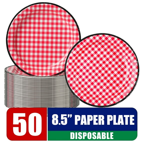 Verdelife Disposable Paper Plates, 8.5'', Plaid Gingham Red & Blue, Check, 50 Count, Microwave Safe, Compostable