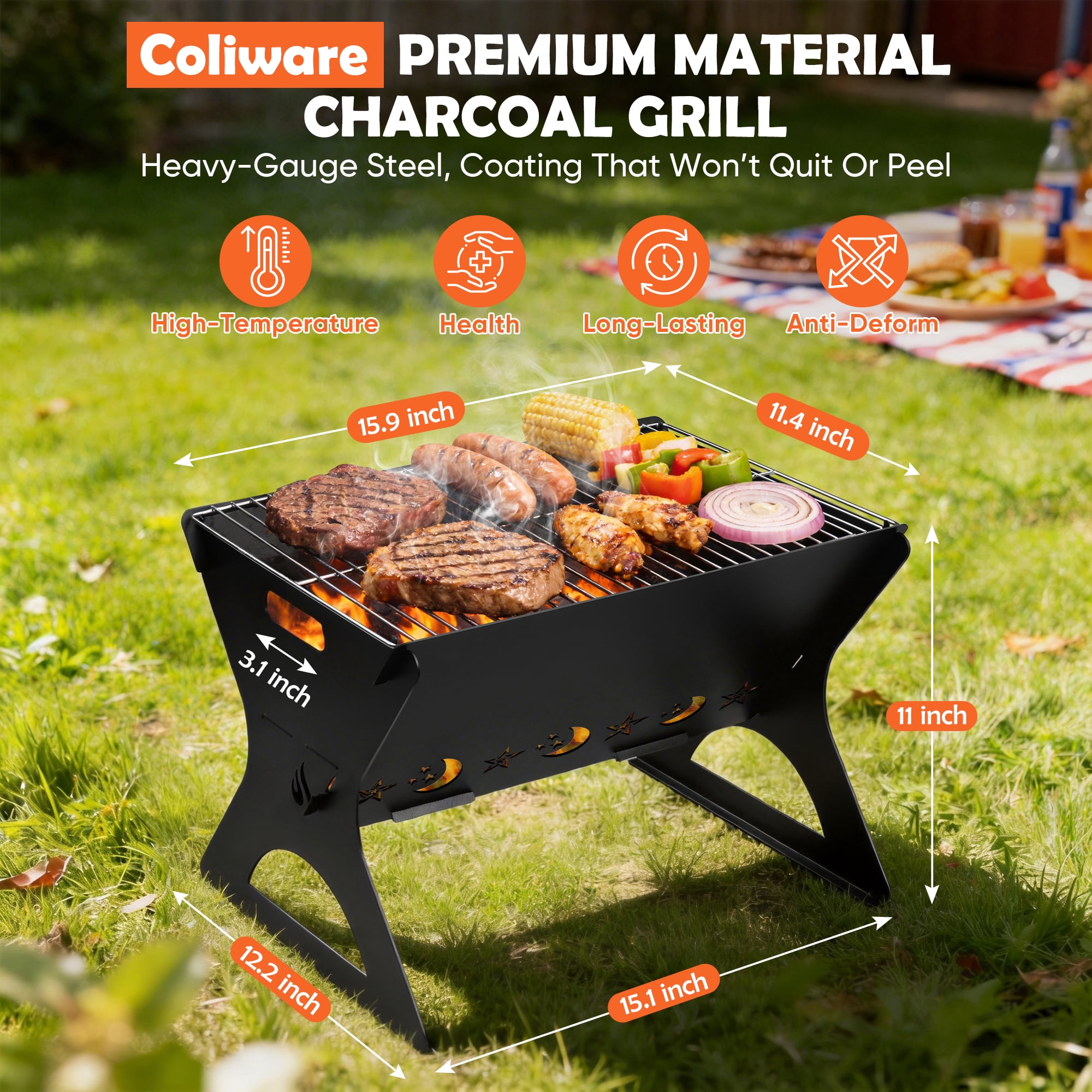 Coliware 3Pcs Portable Folding Charcoal Grill, Heavy Duty Multifunctional Campfire Grill with Carry Bag & Premium Grate for Camping, Fire Pit for Backpacking, Picnic, Patio, Backyard Outdoor Cooking