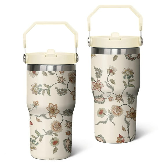 20oz Bohemian Retro Floral Stainless Steel Tumbler with Top Handle,Travel Coffee Mug Flip Straw Cup,Gifts for Women Girls Men Adults