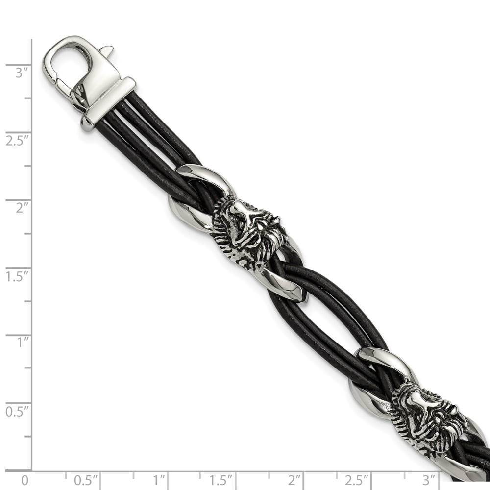 Diamond2Deal Stainless Steel Antiqued and Polished Lion Head Dark Brown Leather Bracelet for Men 8.5"