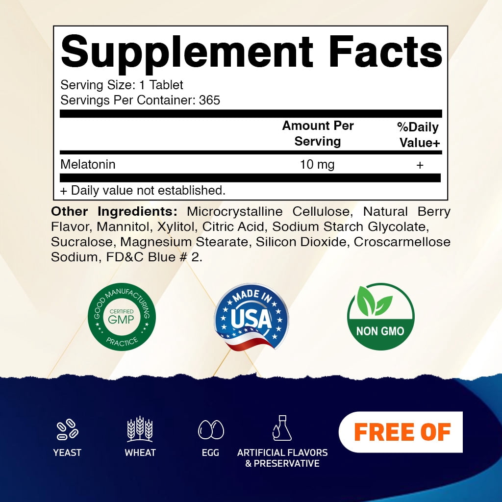 (3 pack) Vitamatic Melatonin 10mg Tablets | Vegetarian, Non-GMO, Gluten Free | 1 Year Supply | Natural Berry Flavor - 365 Tablets