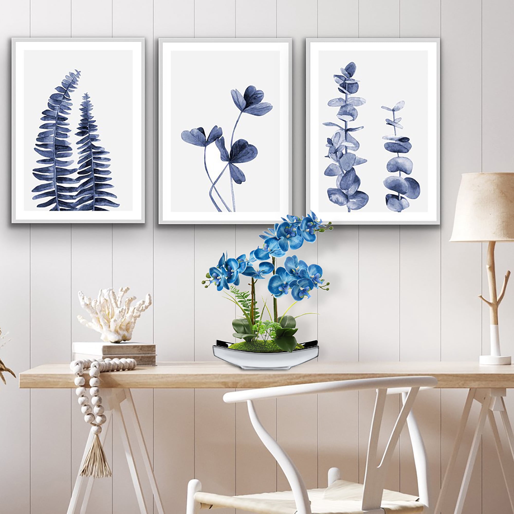 Orchids Artificial Flowers Potted 15" Blue Phalaenopsis Orchid with Silver Boat Pots Home Decoration