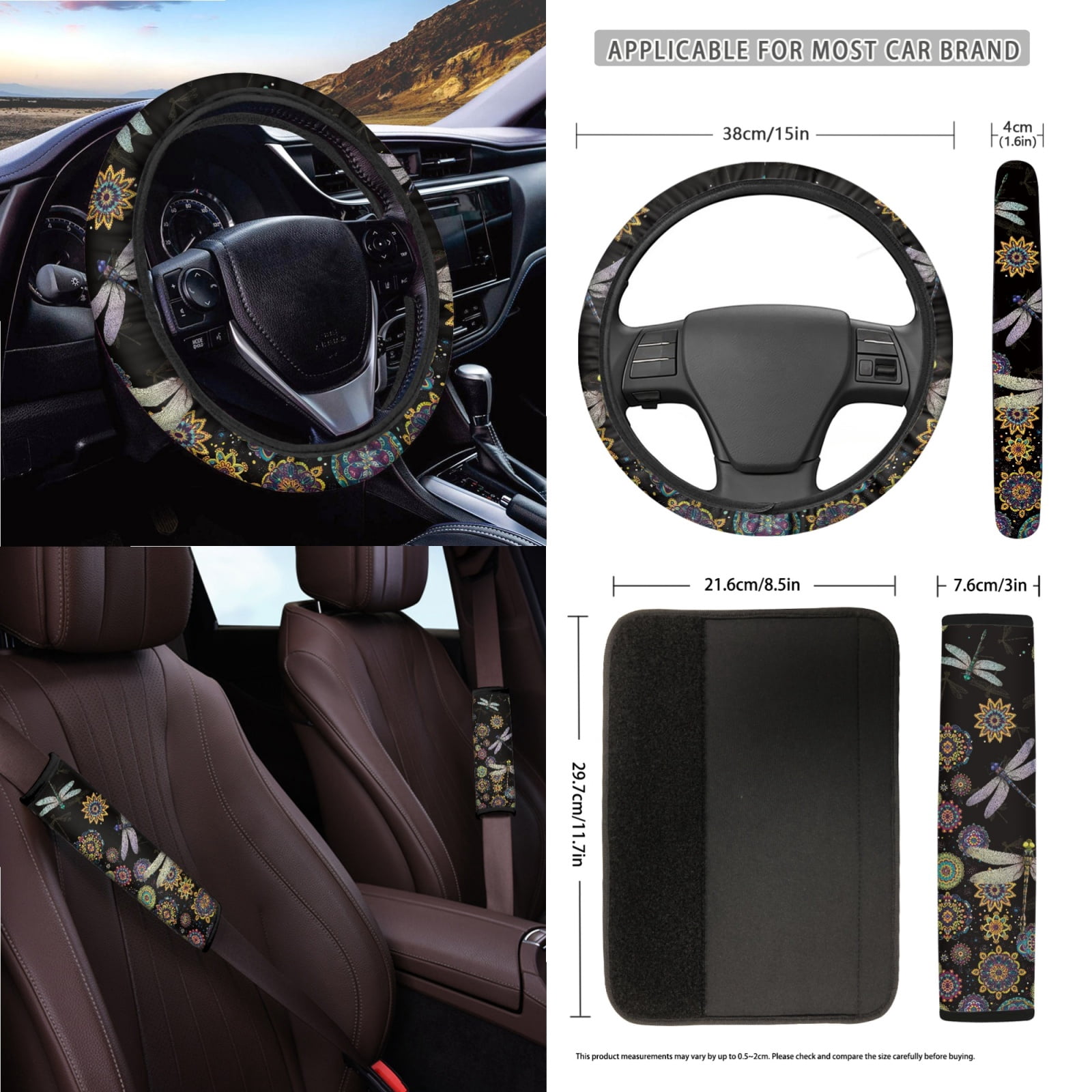 Garronmavis Hippie Flower Dragonfly Car Accessories Sets Auto Interior Decor Car Seat Covers Steering Wheel Cover Key Chain Lanyard Car Trash Can Car Dash Accessories Rearview Mirror Cover Cup Mats