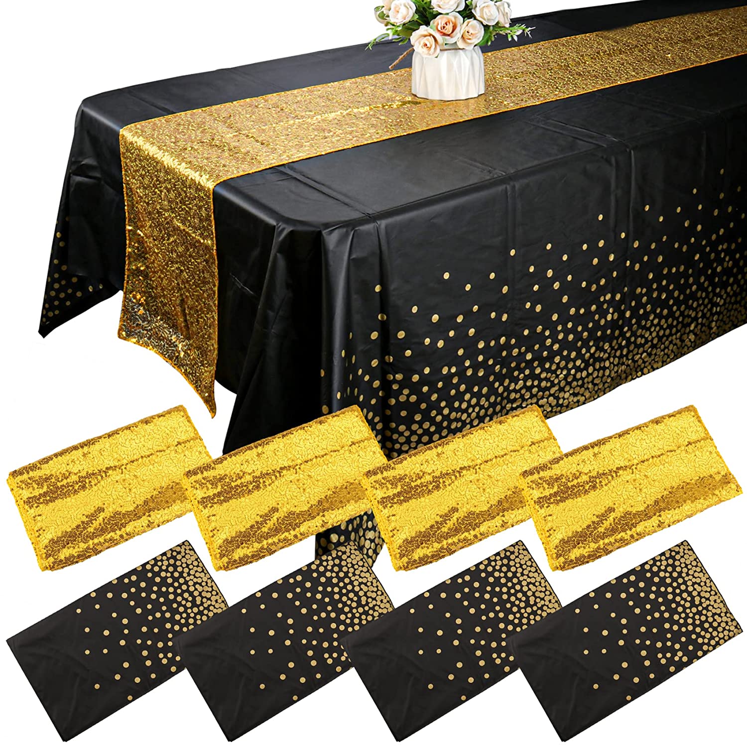 4 Pack Gold Sequin Glitter Table Runners 12x108 and 4 Pack BlackGold
