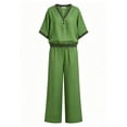 thumbnail image 7 of Cagogo Women Plus Size 2 Piece Set V Neck Short Sleeve Top Wide Leg Pants Casual Summer Boho Vacation Outfits Loose Matching Lounge Sets Tracksuits Travel Cruise Clothes, Green 2XL, 7 of 7