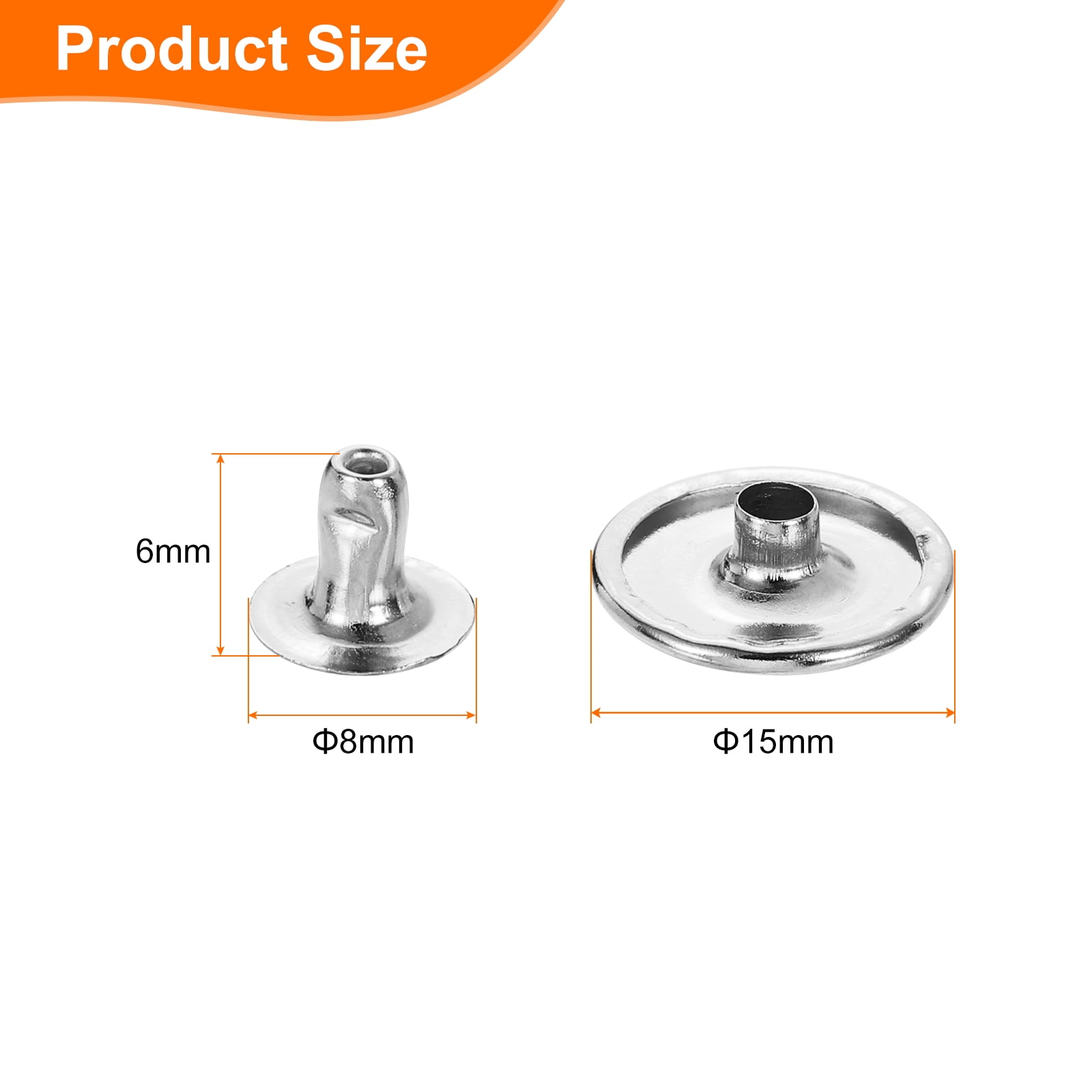 Uxcell 200Sets Single Cap Rivet 15mm Carbon Steel Round Head Snap Studs, Silver