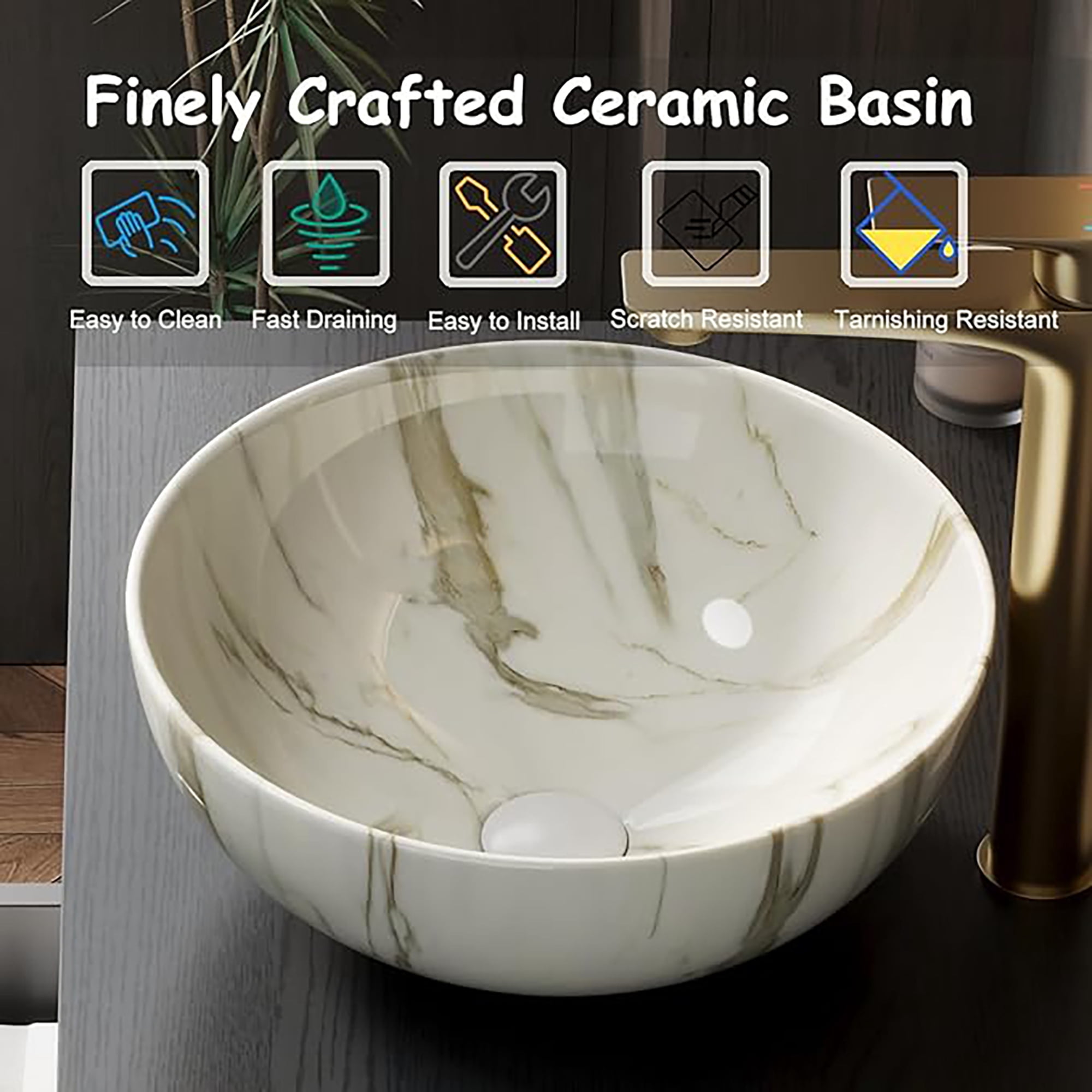 Wohh 14 Inch Bowl Shape Bathroom Sink with Marble Pattern, Small White Ceramic Integrated Countertop Vessel Sink, 14.17 x 5.51 Inch Durable Porcelain Vanity Basin for Vanity Storage Cabinet Use