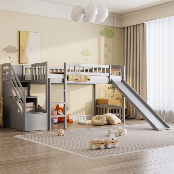 Harper & Bright Designs Twin Size Loft Bed Frame with Slide and Stairs, WoodLow Loft Bed Frame with Slide and Drawers, Gray