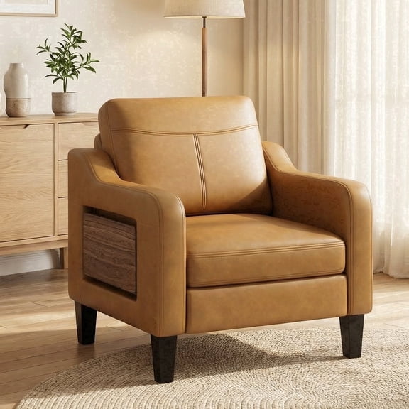 AFO Faux Leather Accent Chair Set of 1, Modern Living Room Armchair with Side Table and Pockets for Bedroom, Office and Small Place, Brown