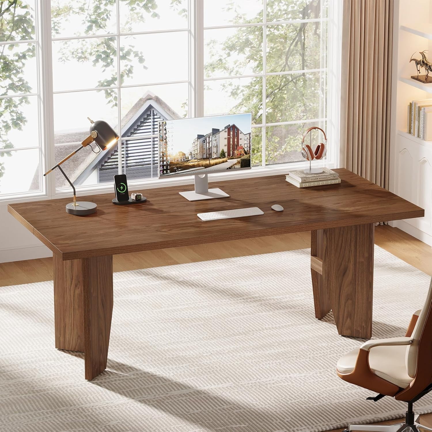 Tribesigns 63" Executive Desk, Farmhouse Computer Desk with Sturdy Legs for Home Office, Brown
