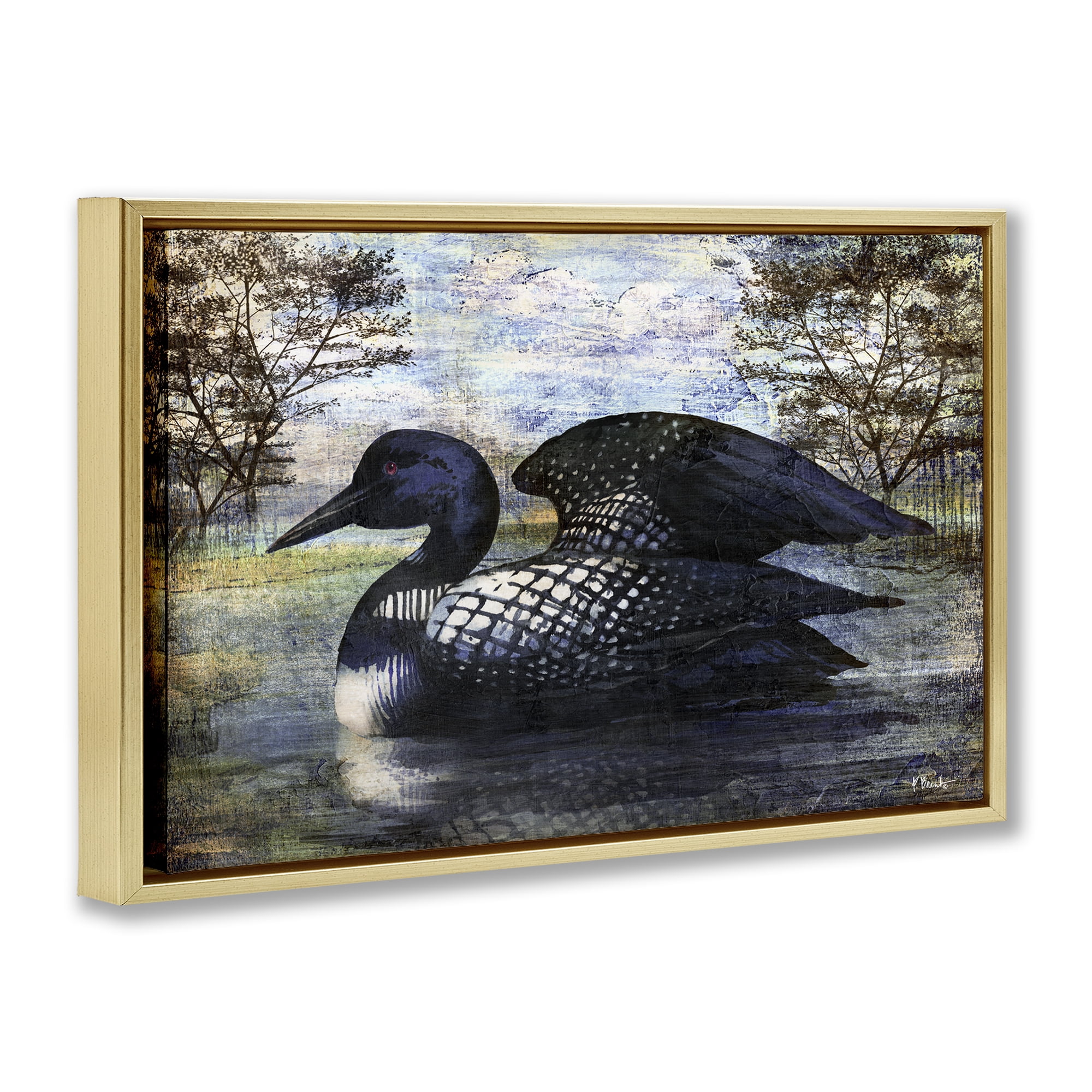 Stupell Industries Loon in Rustic Pond Animals Painting Gold Floater Framed Canvas Art Print Wall Art, 31 x 21