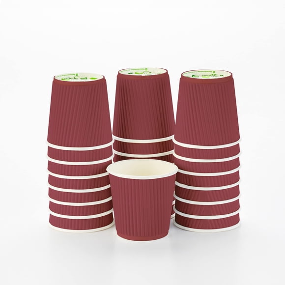 Restaurantware Ripple Wall Coffee Cups 25 Count 4 Ounce Insulated Crimson Paper Cups, Rolled Rim Spill-Resistant Disposable Paper Non-Slip for Coffee, Beverages