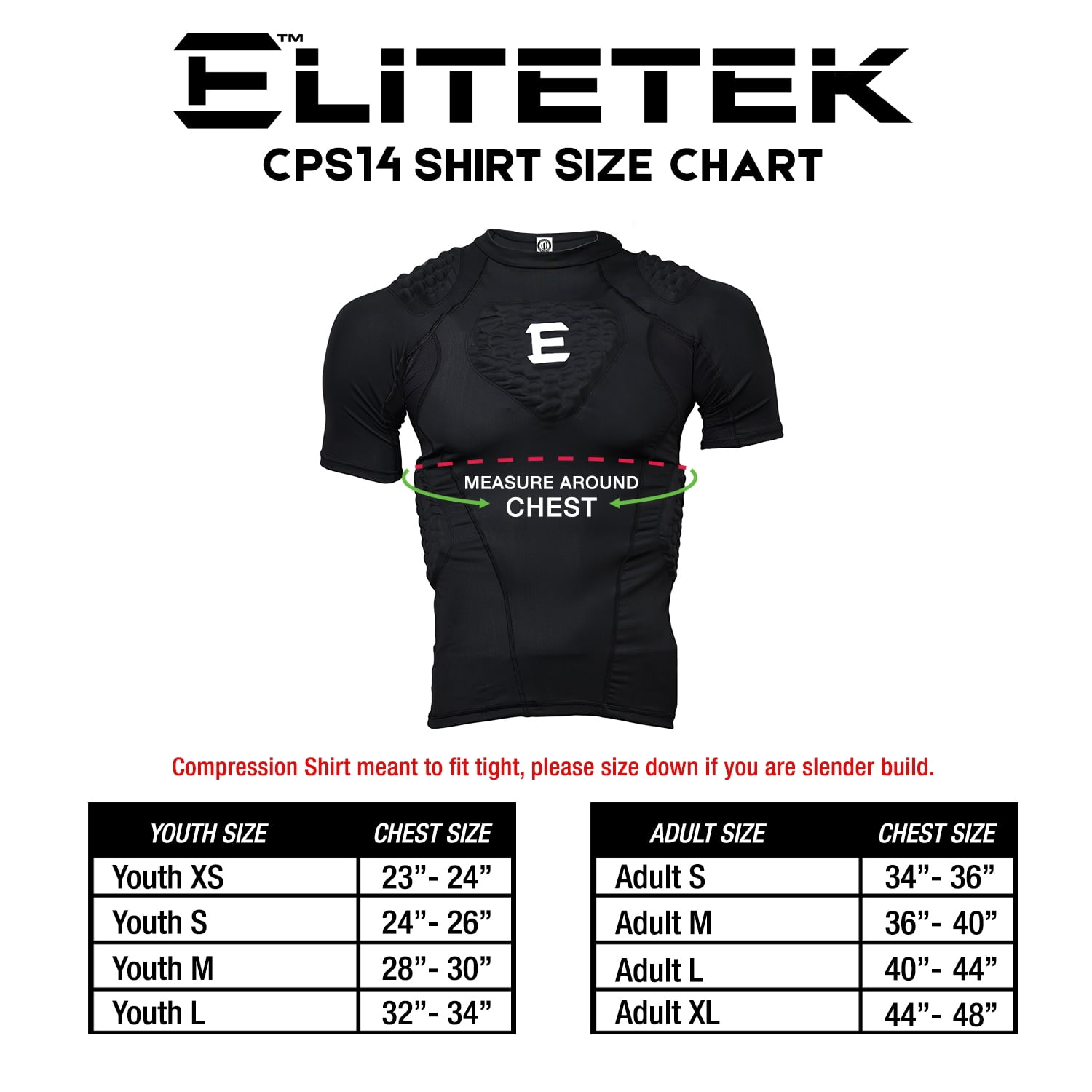 Padded Compression Shirt CPS14 Youth /& Adult Sizes All Sports By EliteTek