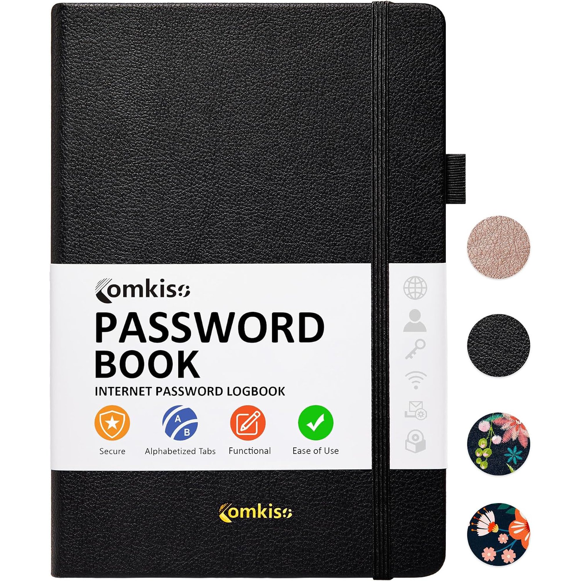 Password Book with Individual Alphabetical Tabs Laminated, Large Print Password Keeper Book for Seniors, A5 Hardcover Internet Password Log Book to Record Website Login Details - Black