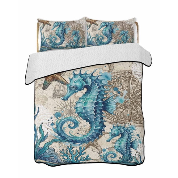 Full Size Quilt Bedding Set, Nautical Coastal Reversible Summer Quilt 3 Pieces, Retro Marine Life Seahorse Compass Map Beige Lightweight Bedspreads Coverlets with 2 Pillow Shams for All Seasons