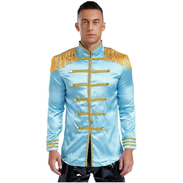 Men's SGT Sergeant Pepper Tassel Jacket 60s Hippy Marching Band Cardigan Coat Light Blue S