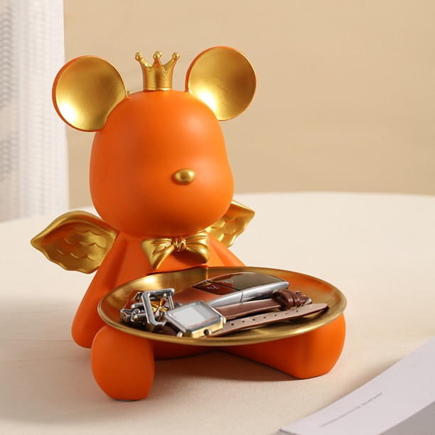 Bandeja de almacenamiento de escultura de oso, estatuilla decorativa de resina elegante, soporte para pendientes de joyería para porche, escritorio, Naranja Fernando Bandeja de escultura de oso