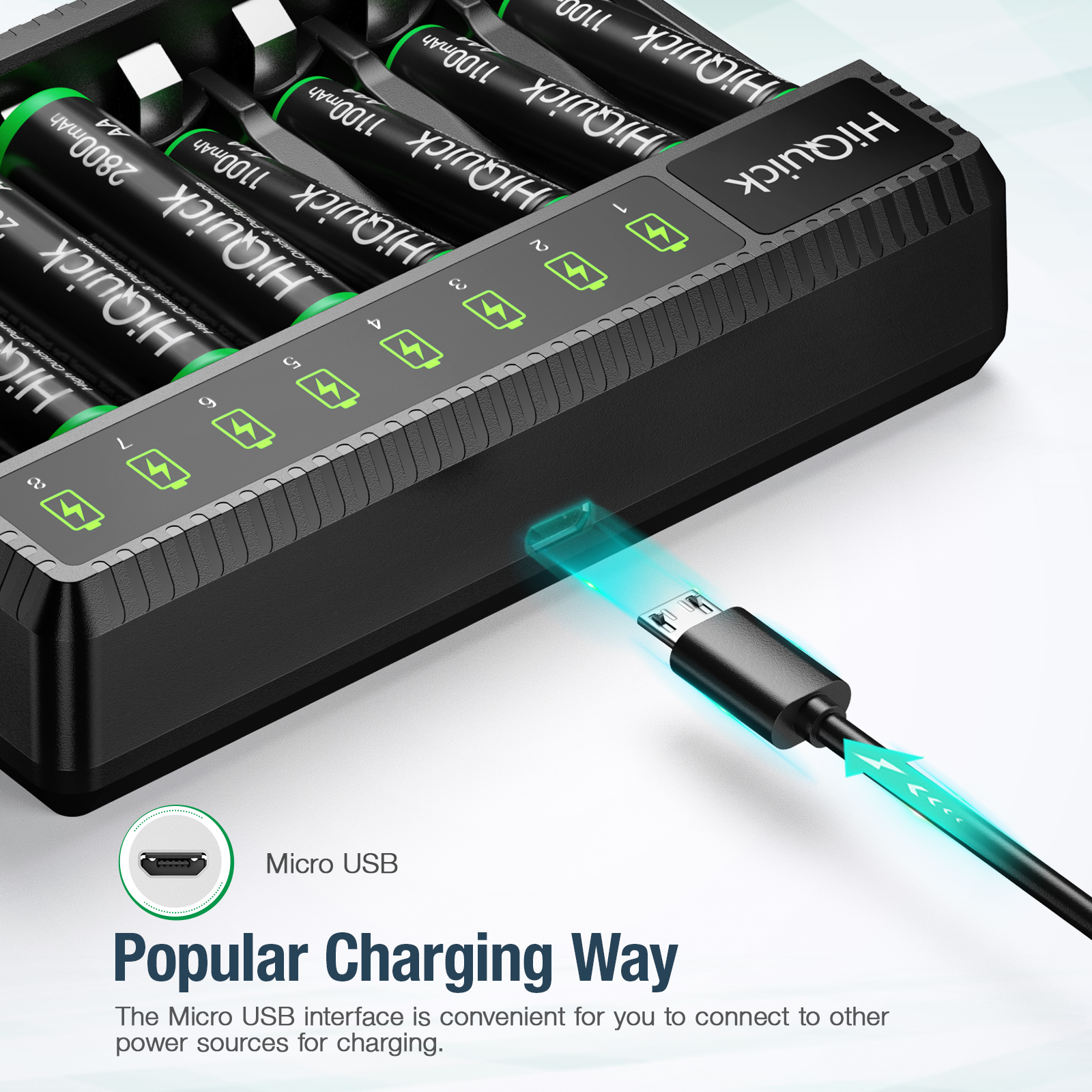 HiQuick 4 Pack 2800mAh AA and 4 Pack AAA 1100mAH Rechargeable Batteries and 8-Bay Fast Charging AAA Battery Charger for NIMH NiCd