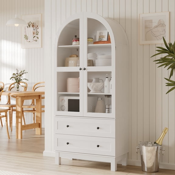 71" Tall Arched Kitchen Pantry, Kitchens Pantry Storage Cabinet with 2 Large Drawers and Adjustable Shelves, Modern Farmhouse Versatile Cupboard for Kitchen, Dining Room, Bathroom, White