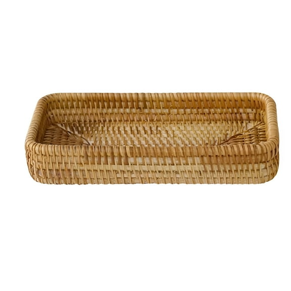 LAMIRO Rattan Tea Tray Serving Tray Rectangular Woven Basket Tray Natural Wicker Decorative Serving Baskets for Organizing Tabletop Kitchen Counter