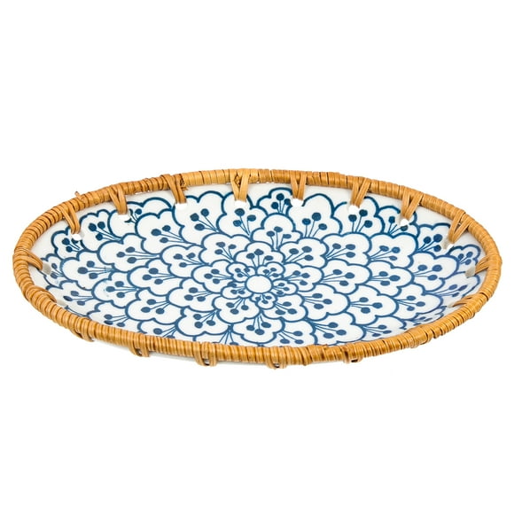 Ceramic Plate with Woven Side Woven Plate Fruit Arrangement Tray Portable Storage Holder